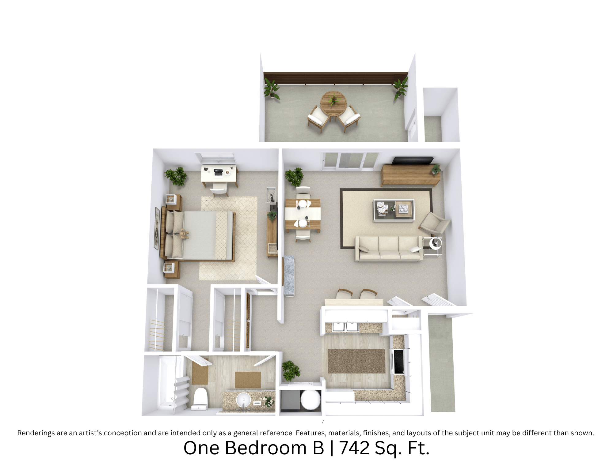 Floor plan for 1 bed, 1 bath, 742 sqft